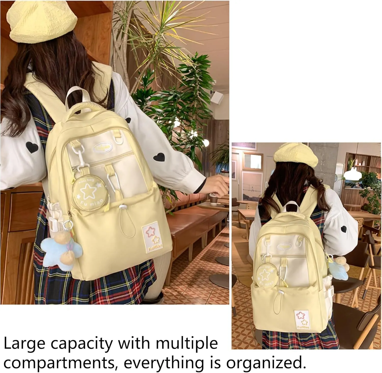 Kawaii Backpack Double Shoulder Straps Large Capacity Japanese Style Dopamine Color Daypack for Men and Women Fits Laptops Up to 15.6" (Yellow)