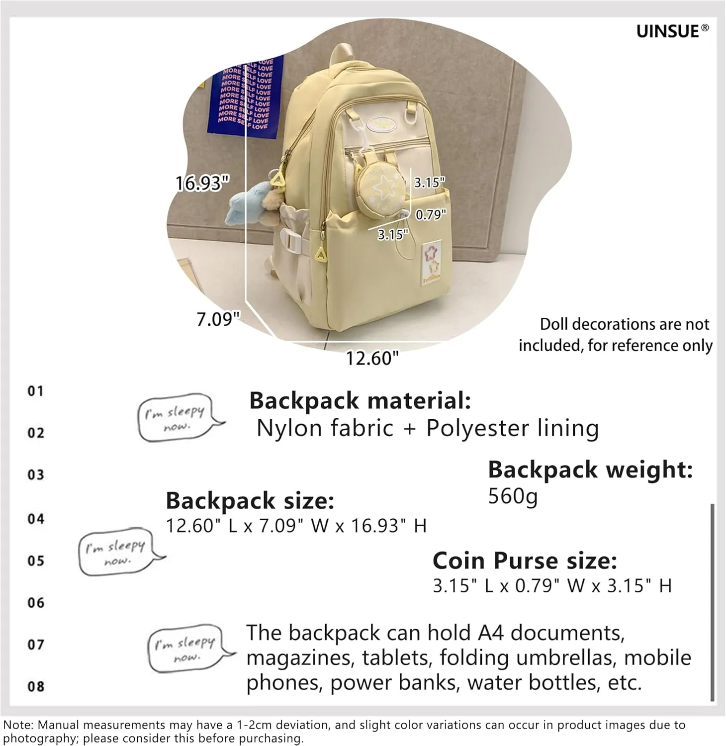 Kawaii Backpack Double Shoulder Straps Large Capacity Japanese Style Dopamine Color Daypack for Men and Women Fits Laptops Up to 15.6" (Yellow)