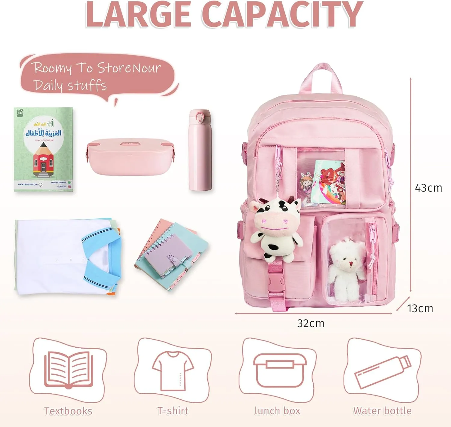 Kawaii Backpack for Girls, Cute Aesthetic Backpack with Pin Accessories Plush Pendant for School Girl Bookbag (Pink-2)