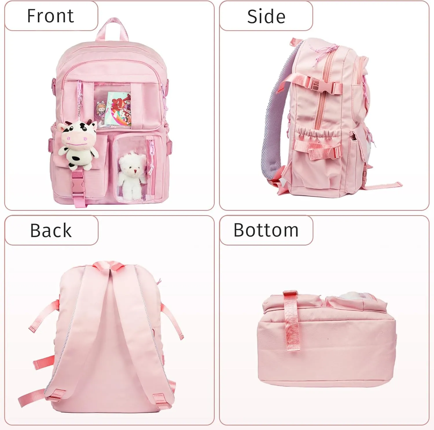 Kawaii Backpack for Girls, Cute Aesthetic Backpack with Pin Accessories Plush Pendant for School Girl Bookbag (Pink-2)
