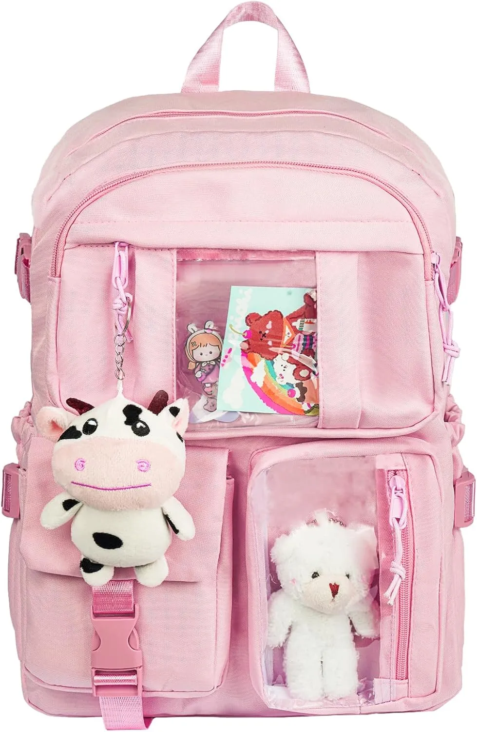 Kawaii Backpack for Girls, Cute Aesthetic Backpack with Pin Accessories Plush Pendant for School Girl Bookbag (Pink-2)