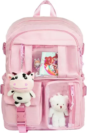 Kawaii Backpack for Girls, Cute Aesthetic Backpack with Pin Accessories Plush Pendant for School Girl Bookbag (Pink-2)