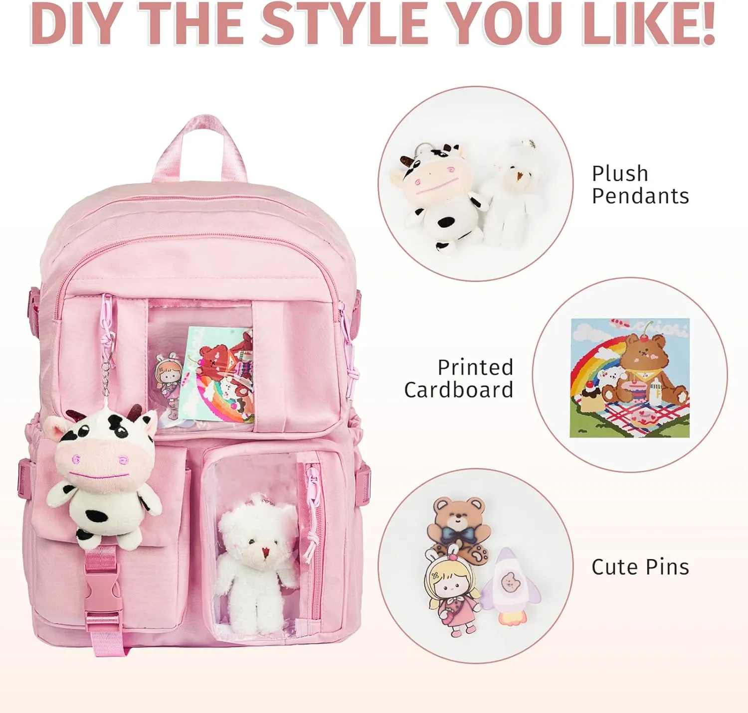 Kawaii Backpack for Girls, Cute Aesthetic Backpack with Pin Accessories Plush Pendant for School Girl Bookbag (Pink-2)