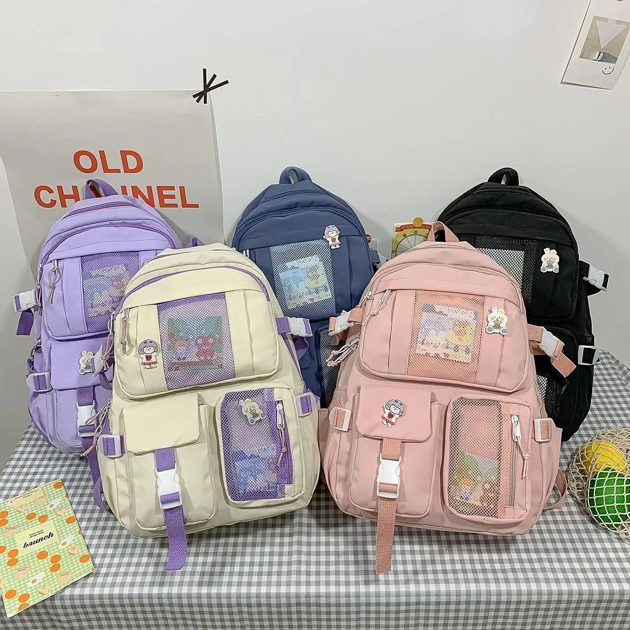 Kawaii Backpack with Bear Pendant, Aesthetic Canvas Students Schoolbag Shoulder Tote Bag Casual Daypack Back to School (Pink) Large