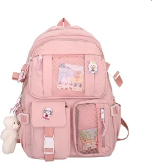 Kawaii Backpack with Bear Pendant, Aesthetic Canvas Students Schoolbag Shoulder Tote Bag Casual Daypack Back to School (Pink) Large