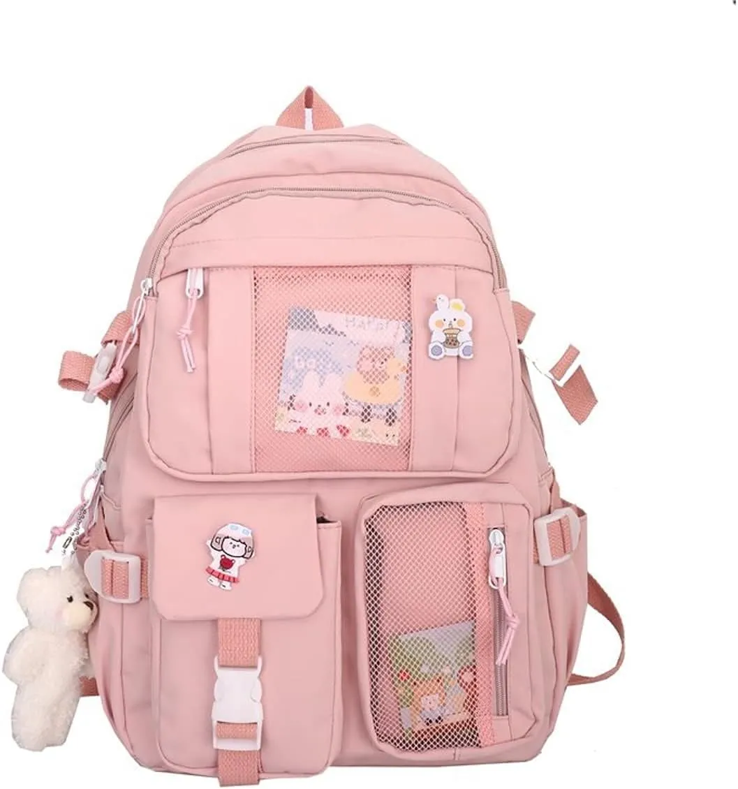 Kawaii Backpack with Bear Pendant, Aesthetic Canvas Students Schoolbag Shoulder Tote Bag Casual Daypack Back to School (Pink) Large
