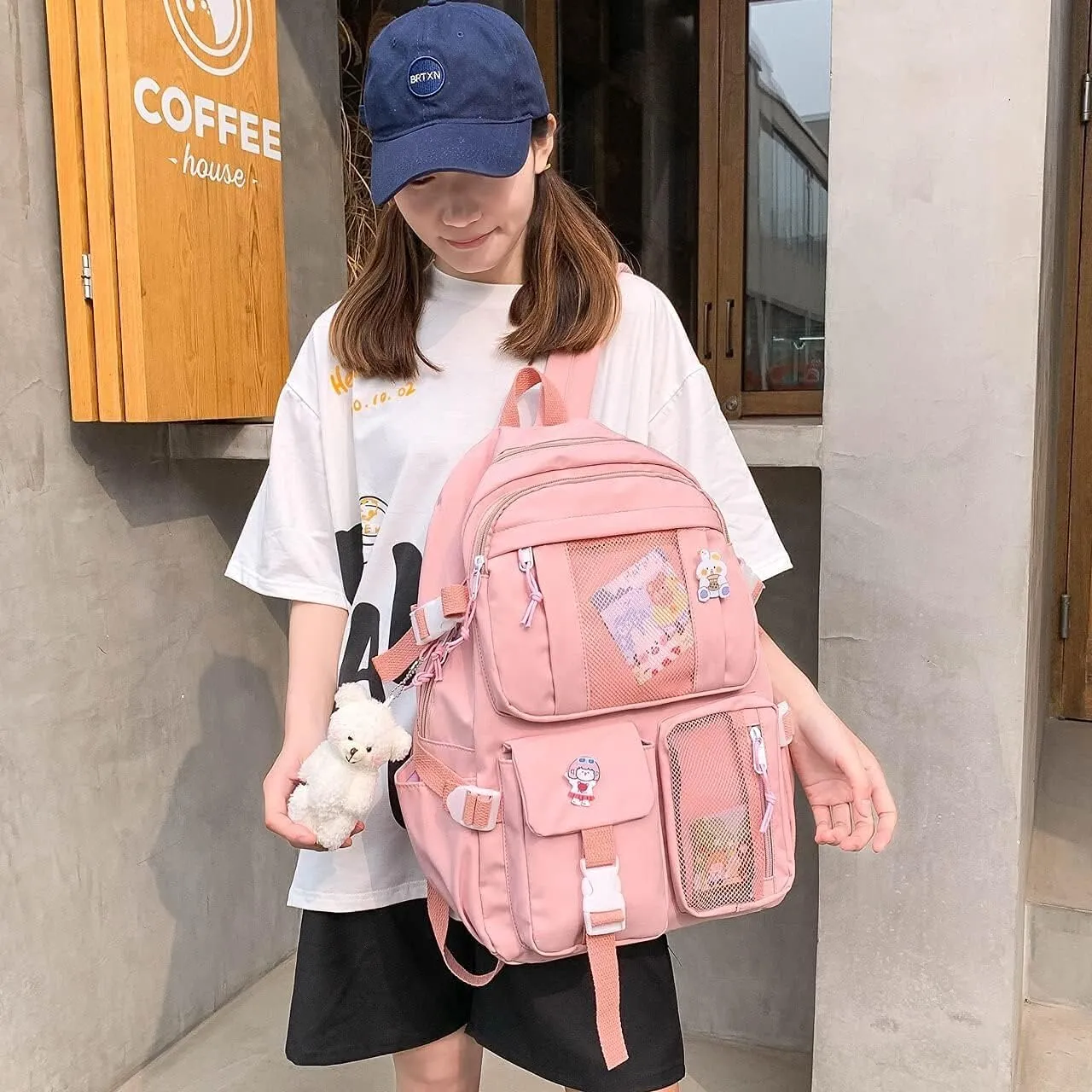 Kawaii Backpack with Bear Pendant, Aesthetic Canvas Students Schoolbag Shoulder Tote Bag Casual Daypack Back to School (Pink) Large