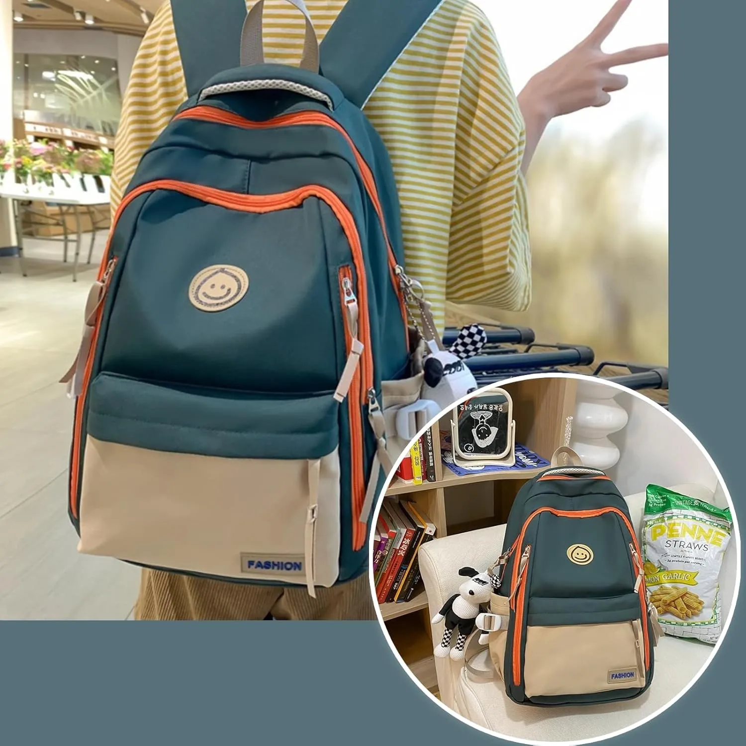 Kawaii Backpack with Cute Accessories Pendant Travel Casual Daypack Large Outdoor Laptop Bag Waterproof (Green)