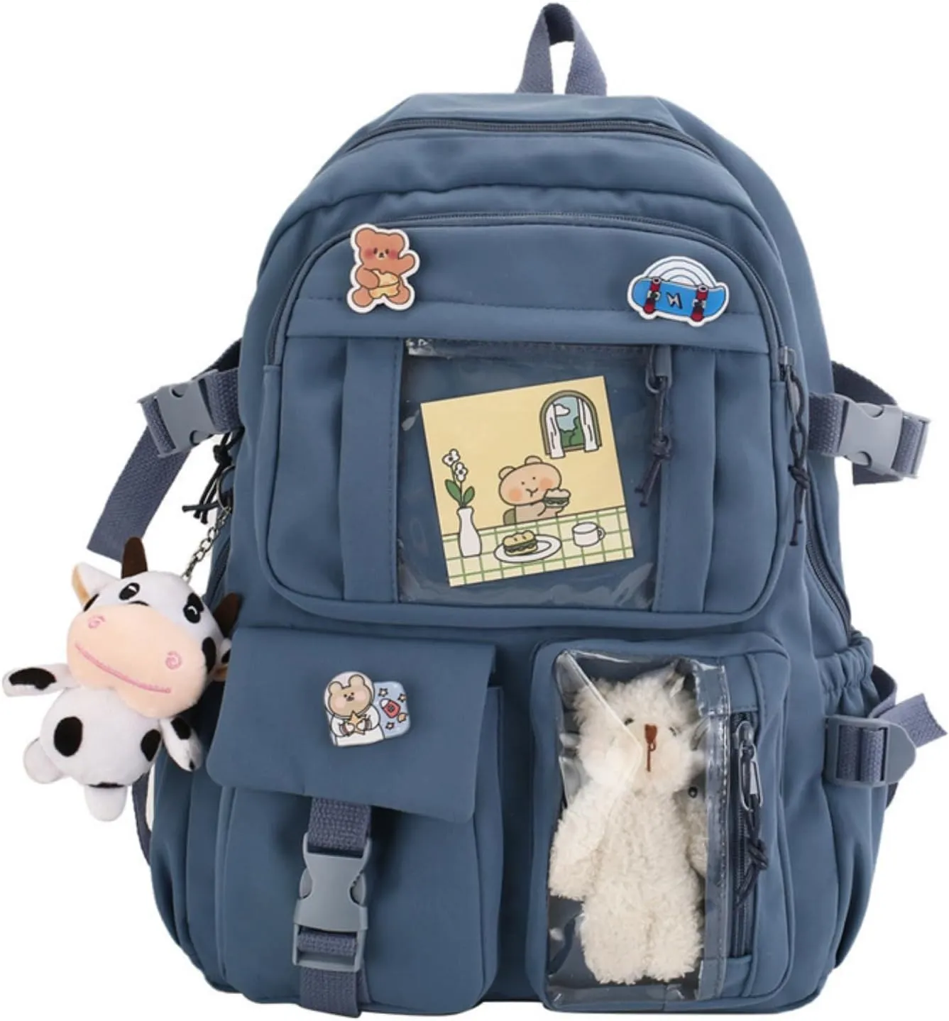Kawaii Backpack with Cute Accessories Pin Pendant Travel Laptop Bag Large Outdoor Waterproof Casual Daypack Women (Blue)