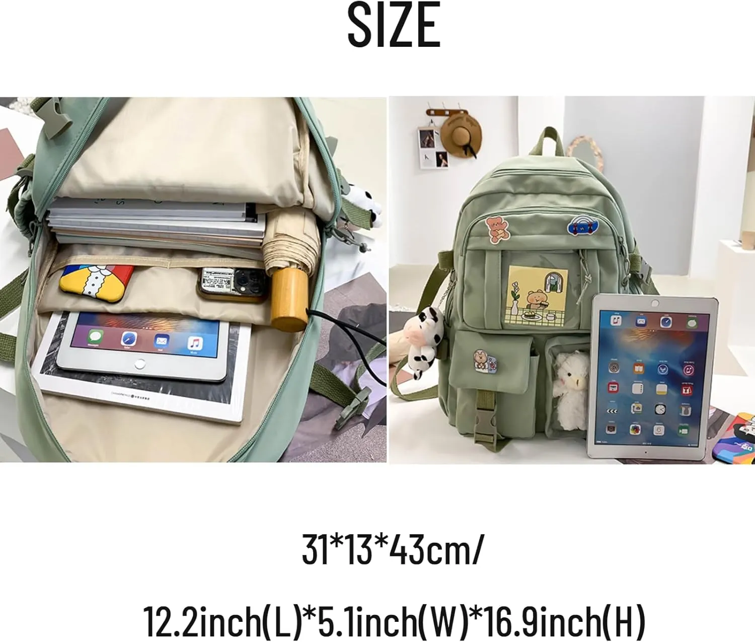 Kawaii Backpack with Cute Accessories Pin Pendant Travel Laptop Bag Large Outdoor Waterproof Casual Daypack Women (White)