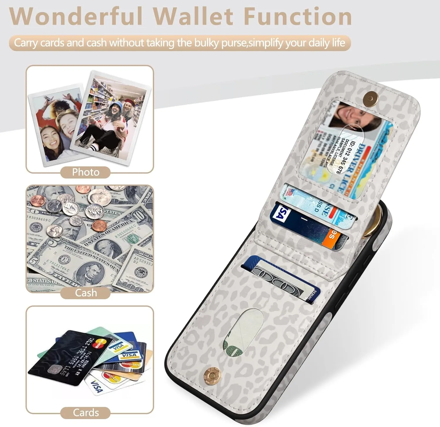 Keallce Case for iPhone 16 Pro 6.3'', Detachable Crossbody Case Wallet with RFID Blocking Card Holder, 360?Ring Stand, Leather Phone Cover Lanyard Strap Lady for iPhone 16 Pro 2024 5G, White Leopard