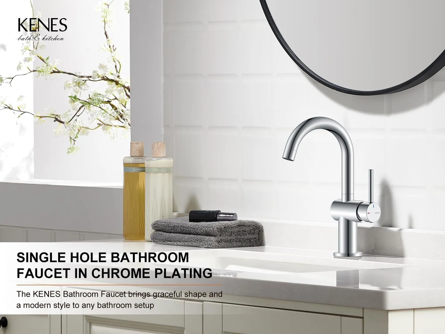 KENES Polished Chrome Bathroom Faucets Single Handle Modern Prep Wet Bar Sink Faucets Bathroom Sink Faucet with Drain Assembly & Deck Plate, Farmhouse RV Camper Outdoor Utility Faucet, KE-9005B-5