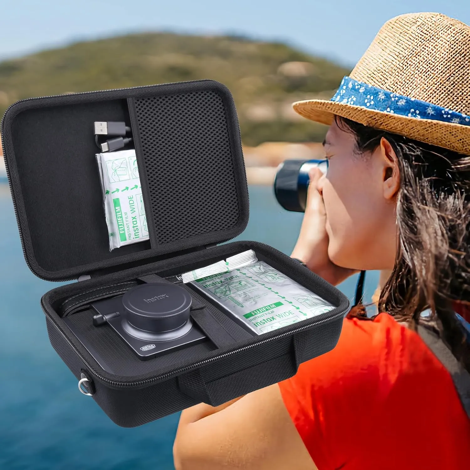 khanka for Fujifilm INSTAX Wide EVO 2-in-1 Instant Film Camera and Printer Travel Case,Black(Case Only,with Shoulder Strap)