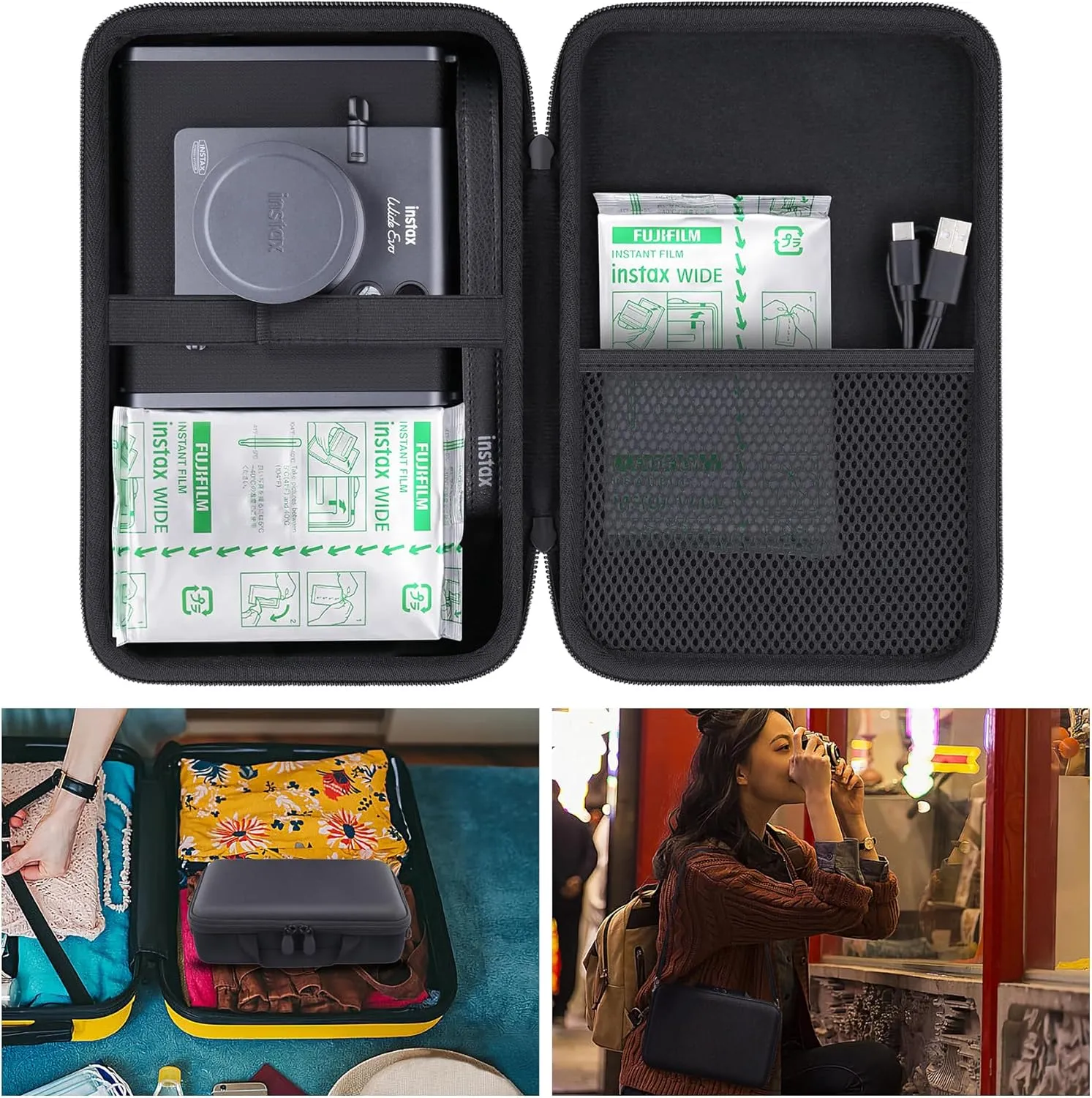 khanka for Fujifilm INSTAX Wide EVO 2-in-1 Instant Film Camera and Printer Travel Case,Black(Case Only,with Shoulder Strap)