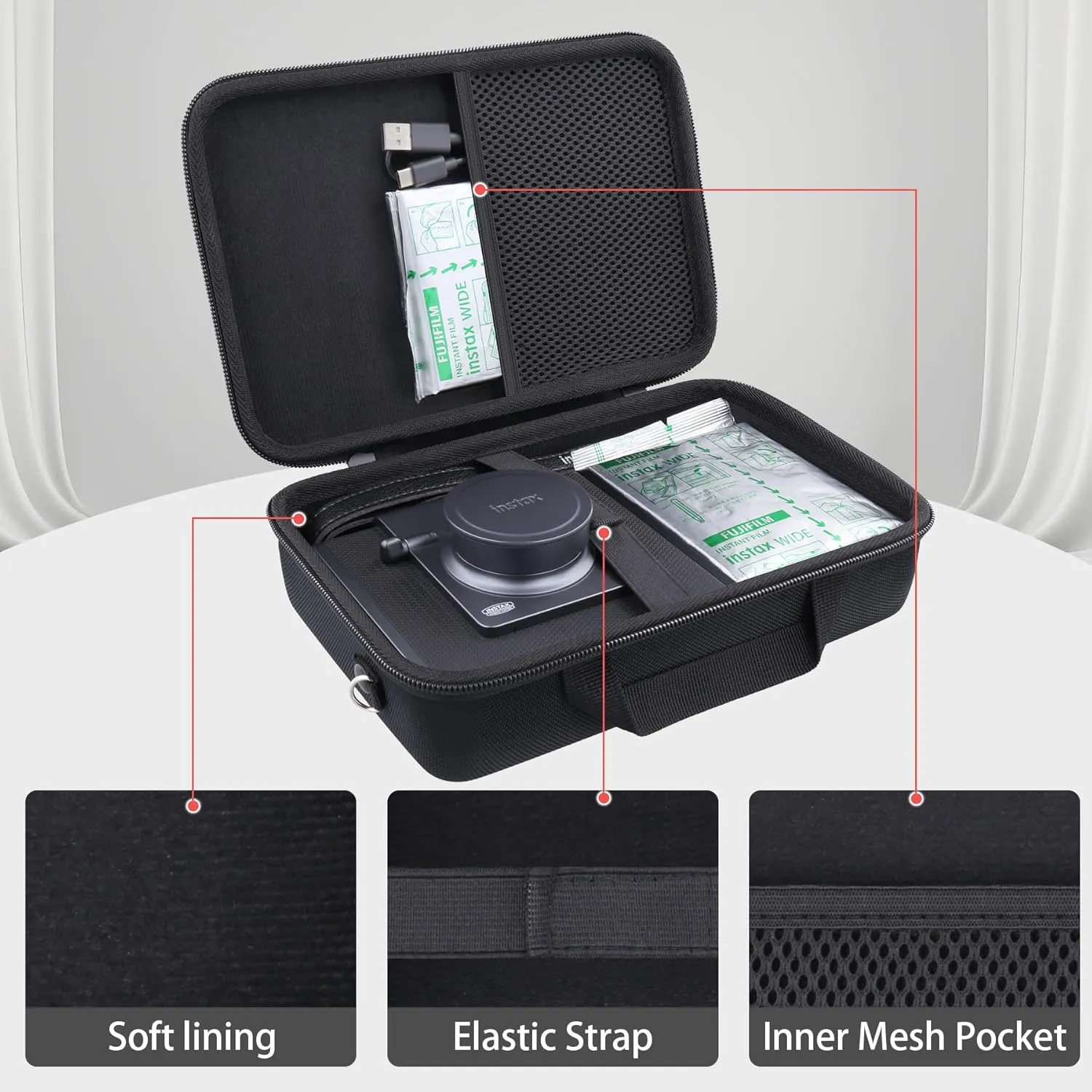 khanka for Fujifilm INSTAX Wide EVO 2-in-1 Instant Film Camera and Printer Travel Case,Black(Case Only,with Shoulder Strap)