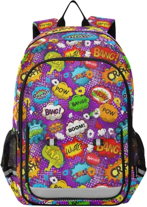 Kids Backpack for Boys Girls Bookbags Elementary Backpack Comic Speech Bubbles School Bags Travel Daypack Lightweight Waterproof with Reflective Strip