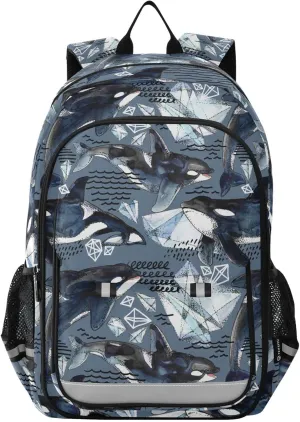 Kids Backpack for Boys Girls Bookbags Elementary Backpack Killer Whale Orca School Bags Travel Daypack Lightweight Waterproof with Reflective Strip