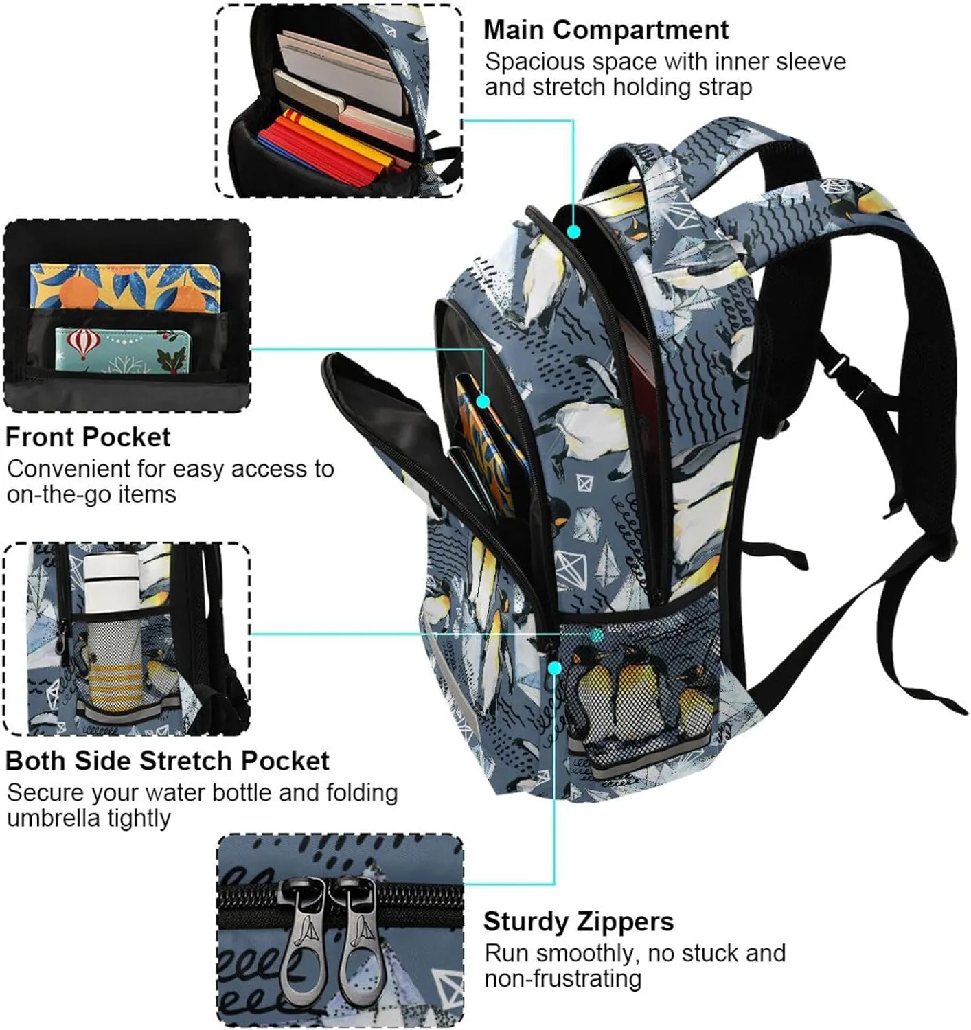 Kids Backpack for Boys Girls Bookbags Emperor Penguin School Backpack Elementary Bags Travel Daypack Lightweight Waterproof with Reflective Strip