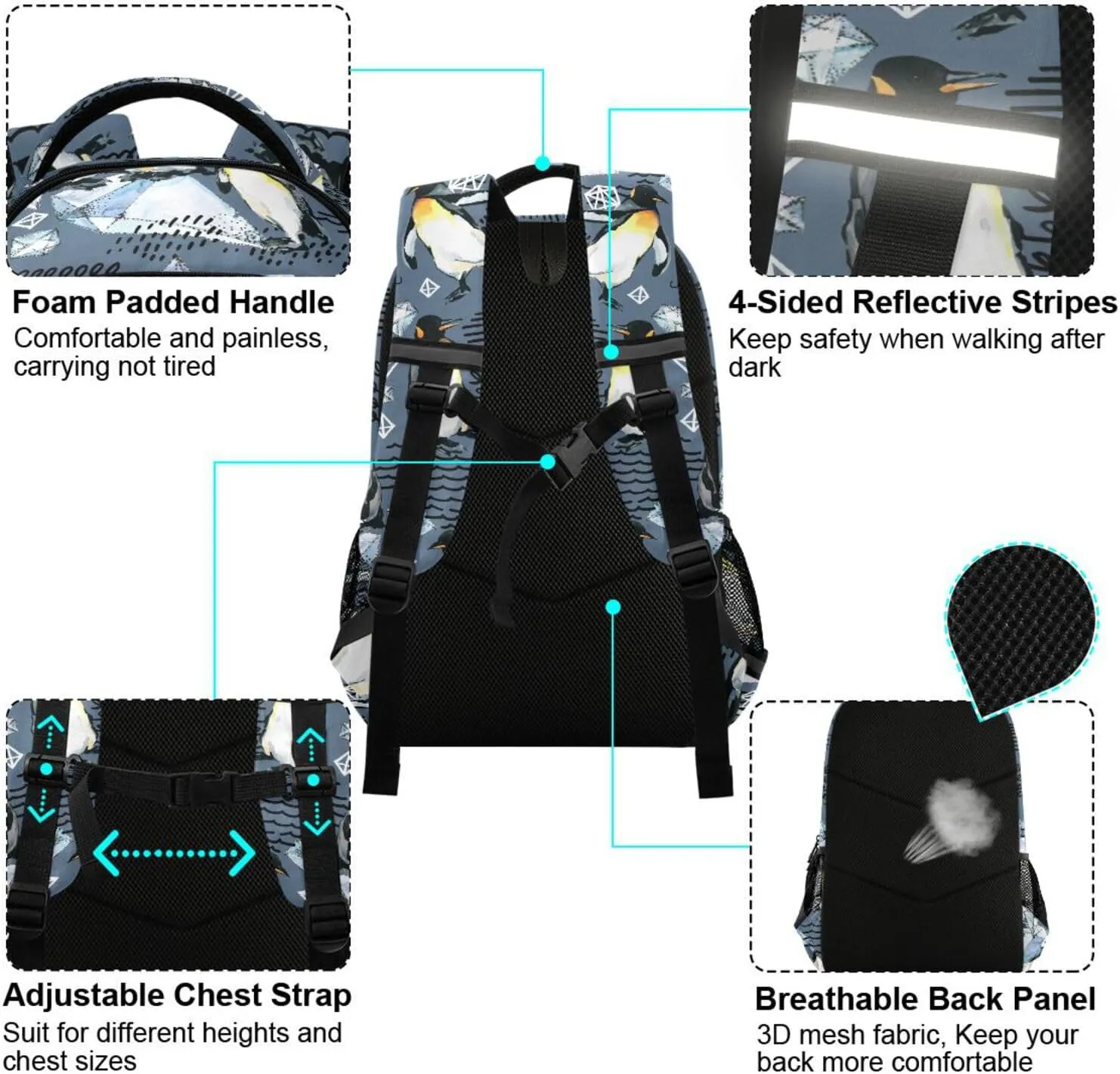 Kids Backpack for Boys Girls Bookbags Emperor Penguin School Backpack Elementary Bags Travel Daypack Lightweight Waterproof with Reflective Strip