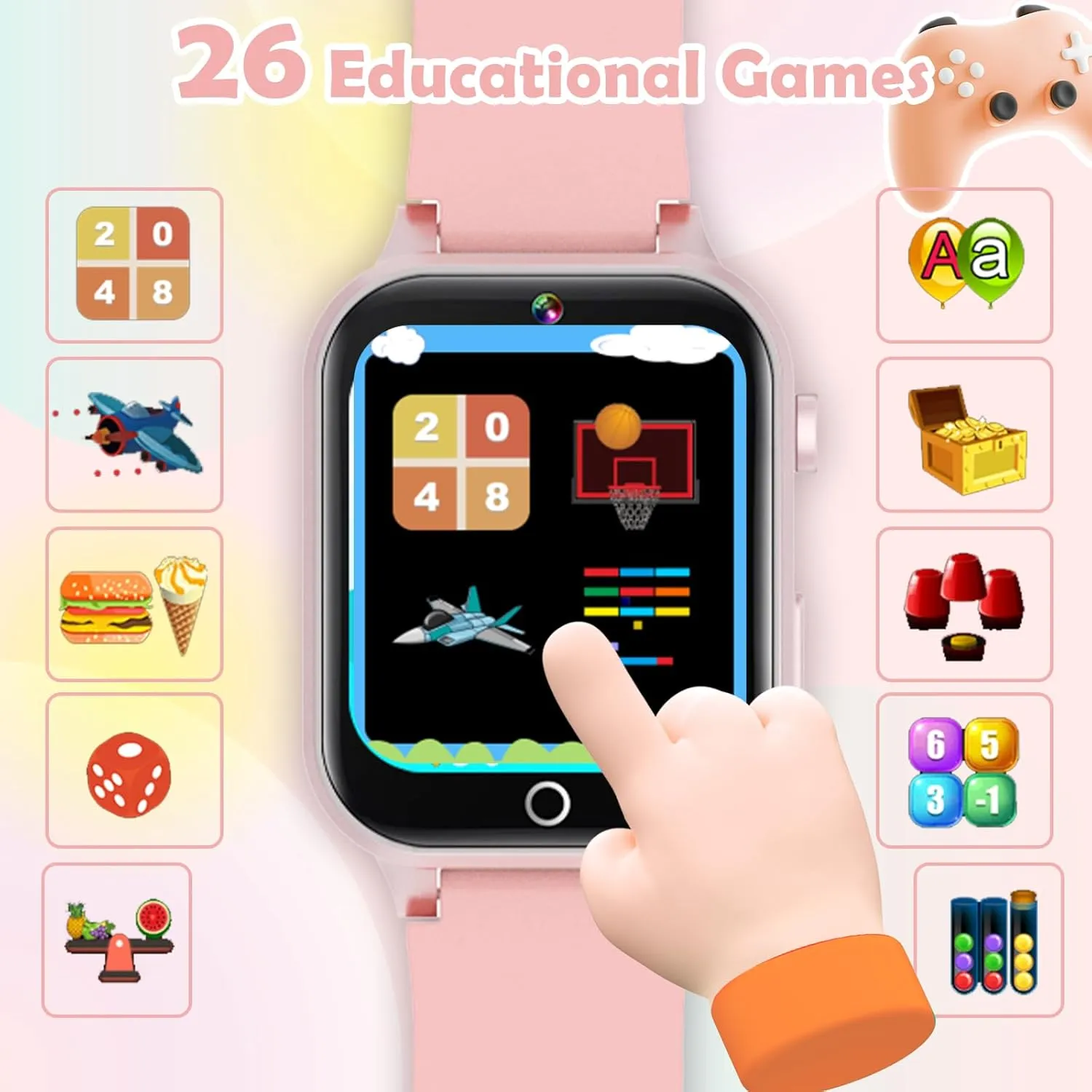 Kids Games Watch, with 26 Puzzle Games, Touch Screen, HD Camera, Alarm Clock, Toys for Ages 4-12 Years Old.Birthday Gift for Boys Girls (Soft Pink)