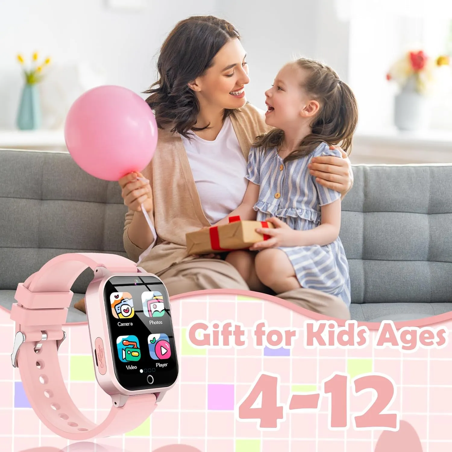 Kids Games Watch, with 26 Puzzle Games, Touch Screen, HD Camera, Alarm Clock, Toys for Ages 4-12 Years Old.Birthday Gift for Boys Girls (Soft Pink)