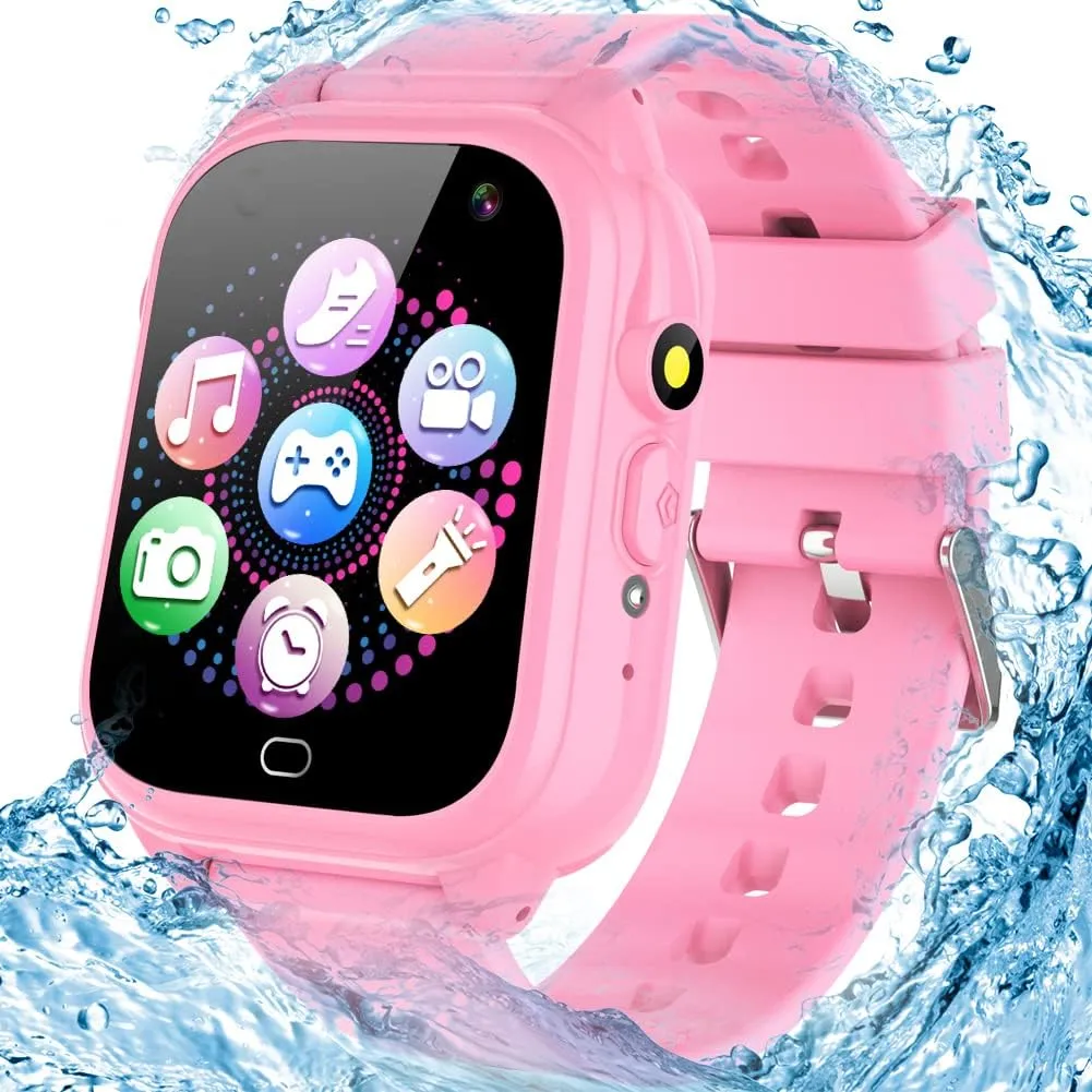 Kids Waterproof Smart Game Watch with 26 Game HD Camera 1.44'' Touchscreen Pedometer Video Music Player Alarm Clock Calculator Learning Toys for Girls Boys 3-12 Years Old (Pink)