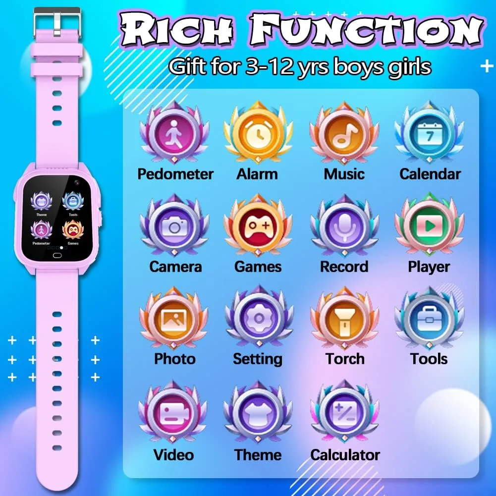Kids Waterproof Smart Game Watch with 26 Game HD Camera 1.44'' Touchscreen Pedometer Video Music Player Alarm Clock Calculator Learning Toys for Girls Boys 3-12 Years Old (Purple)