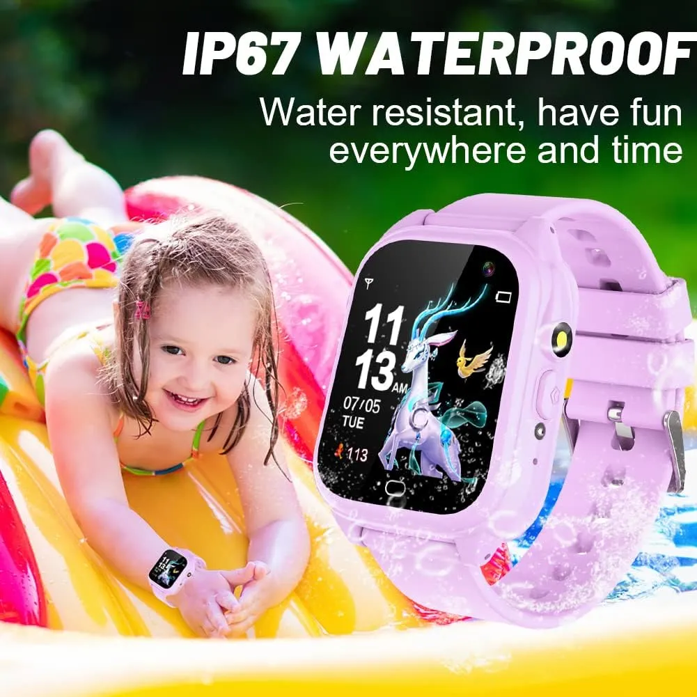 Kids Waterproof Smart Game Watch with 26 Game HD Camera 1.44'' Touchscreen Pedometer Video Music Player Alarm Clock Calculator Learning Toys for Girls Boys 3-12 Years Old (Purple)