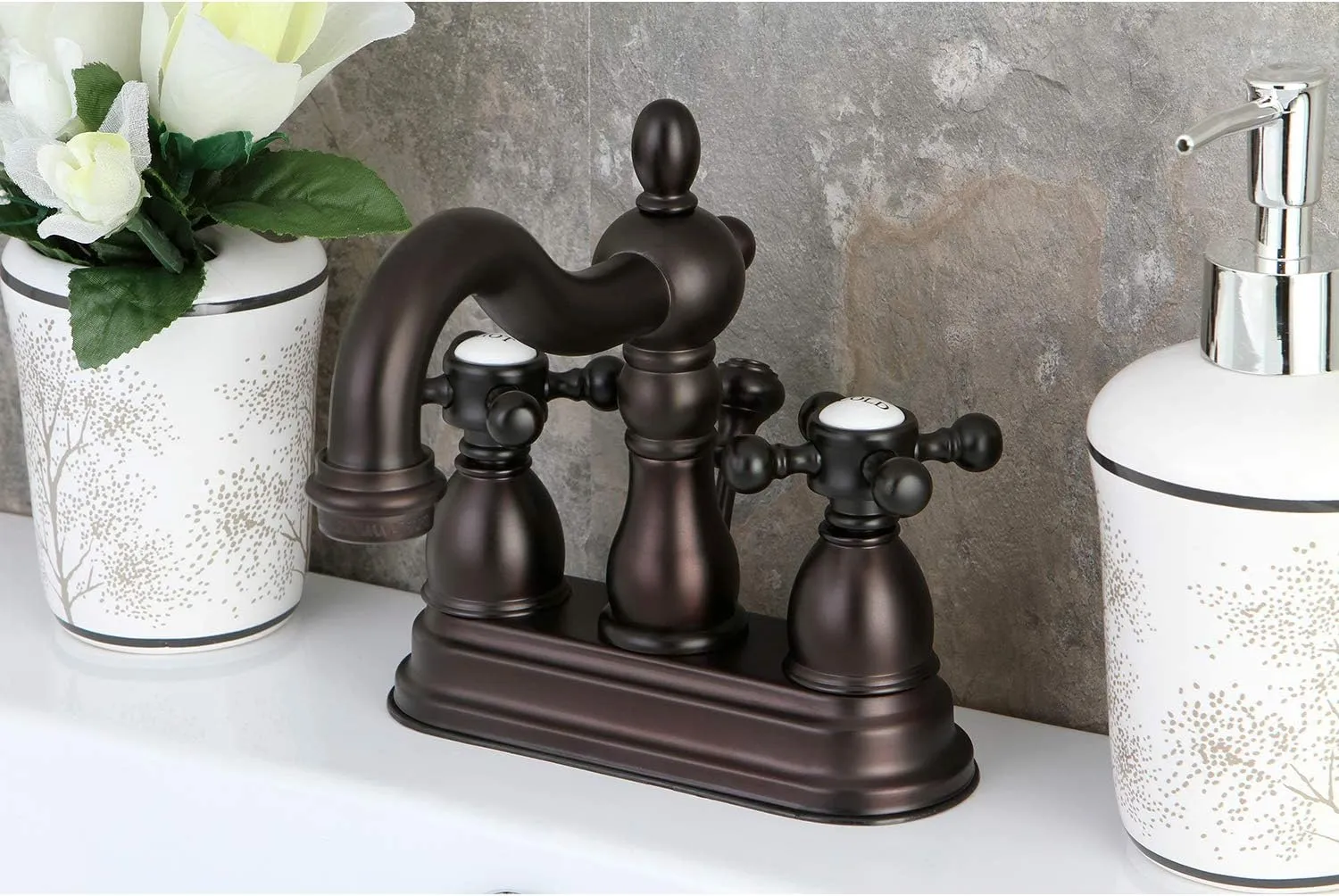 Kingston Brass KB1605BX Heritage 4-Inch Centerset Lavatory Faucet with Metal Cross Handle, Oil Rubbed Bronze