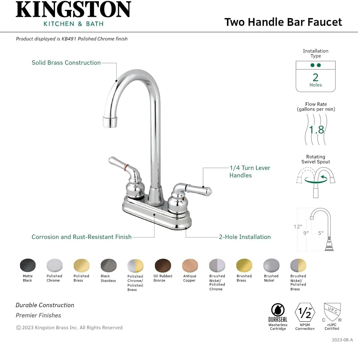 Kingston Brass KB495 Magellan Twin Brass Lever Handles 4" Bar Faucet, 5-1/2", 11" Height