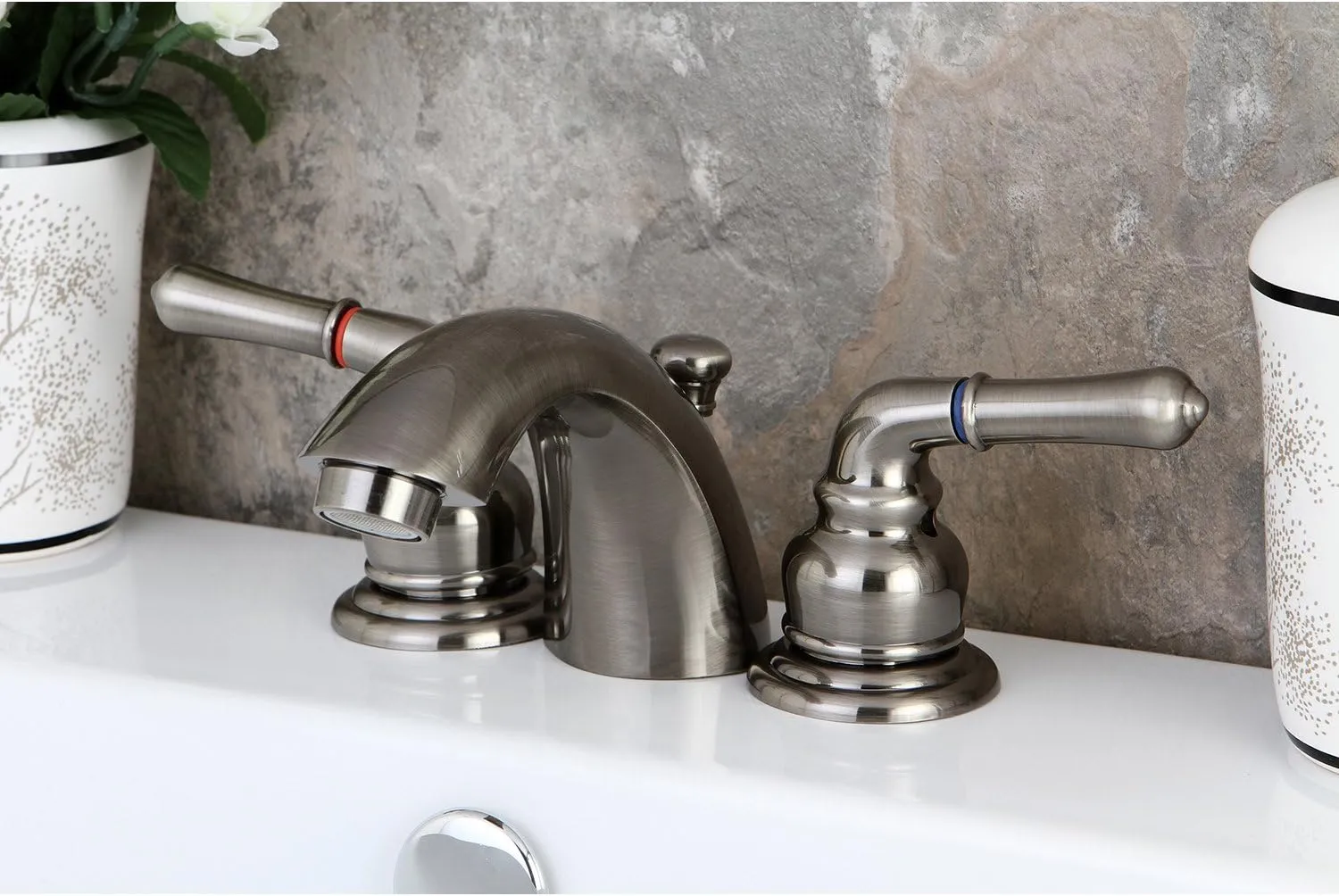 Kingston Brass KB953 Magellan II 4-Inch to 8-Inch Mini Widespread Lavatory Faucet with Metal Lever Handle, Vintage Brass