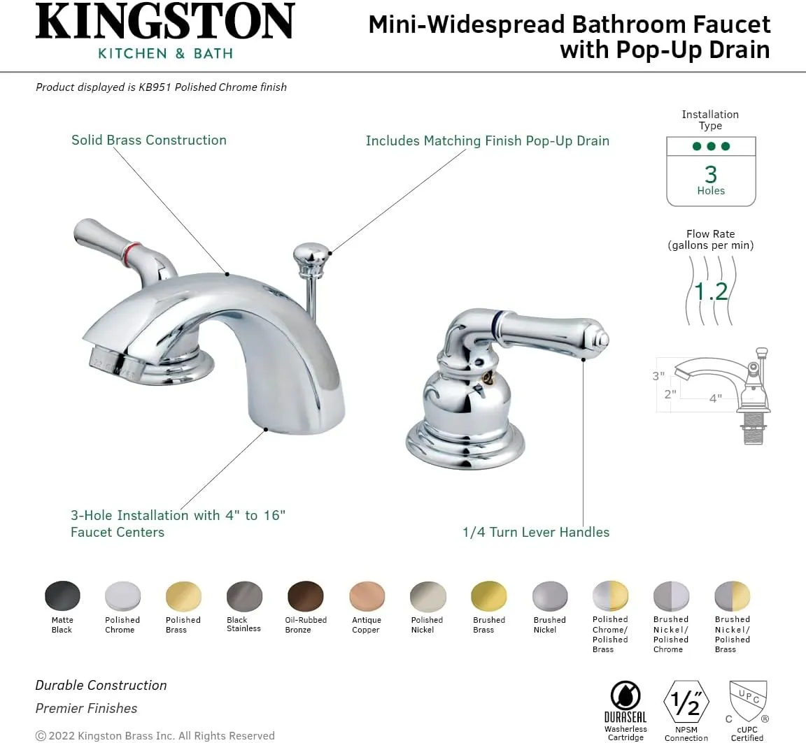 Kingston Brass KB953 Magellan II 4-Inch to 8-Inch Mini Widespread Lavatory Faucet with Metal Lever Handle, Vintage Brass