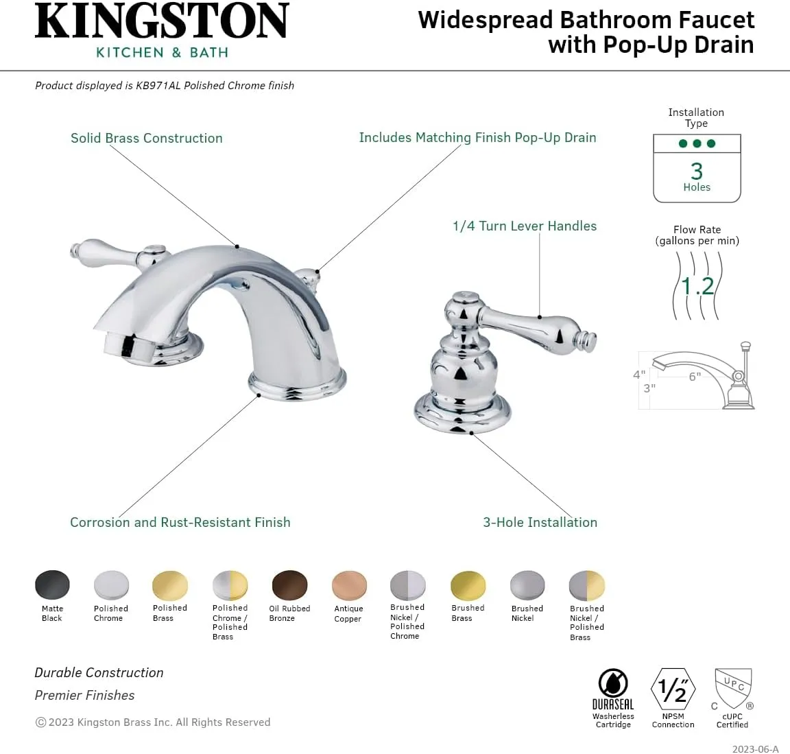 Kingston Brass KB975AL Victorian Widespread Lavatory Faucet with Metal lever handle, Oil Rubbed Bronze