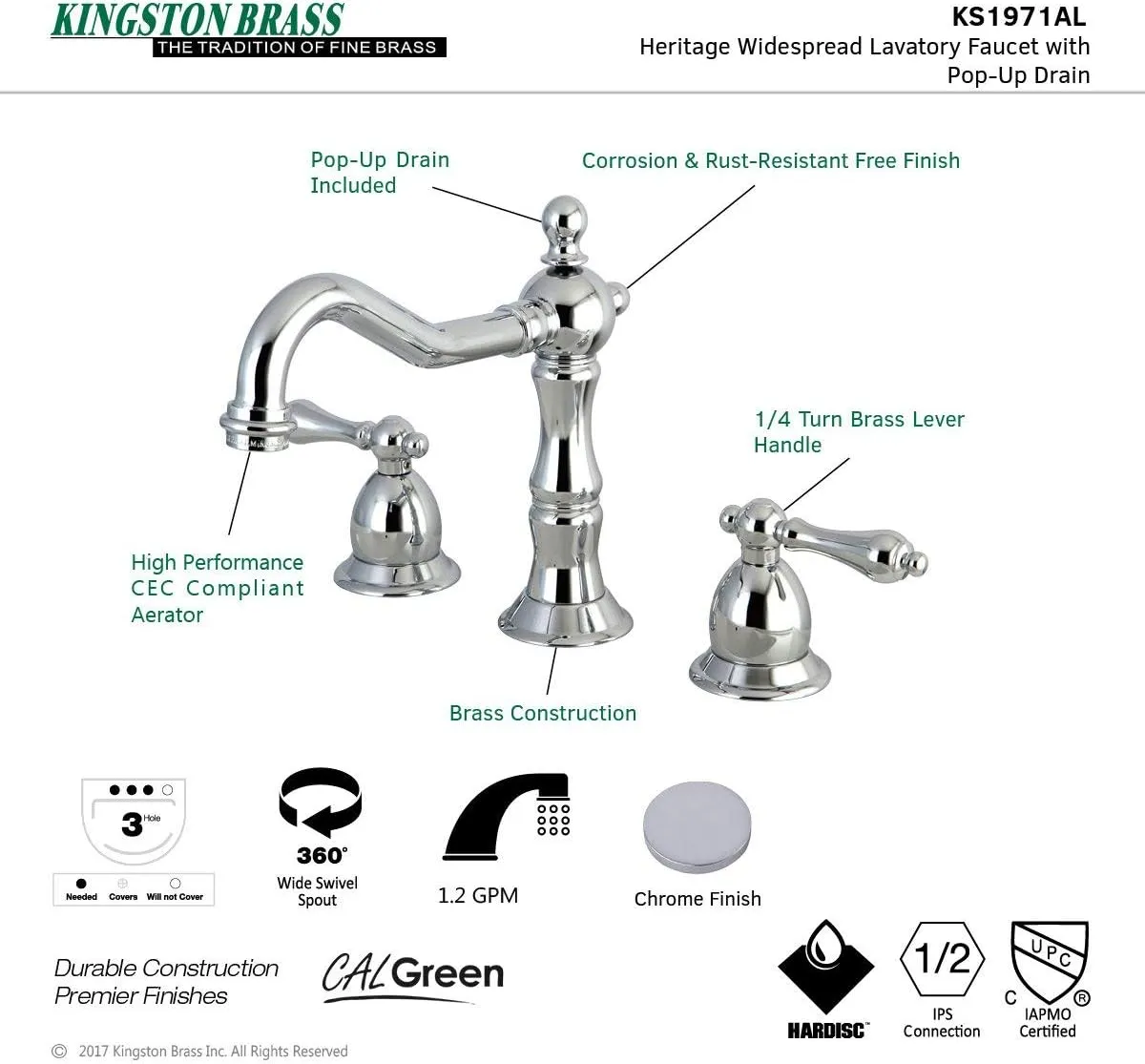 Kingston Brass KS1971AL Heritage Widespread Lavatory Faucet with Metal lever handle, Polished Chrome, 8-Inch Adjustable Center