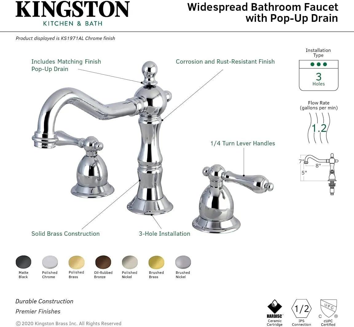 Kingston Brass KS1971AL Heritage Widespread Lavatory Faucet with Metal lever handle, Polished Chrome, 8-Inch Adjustable Center