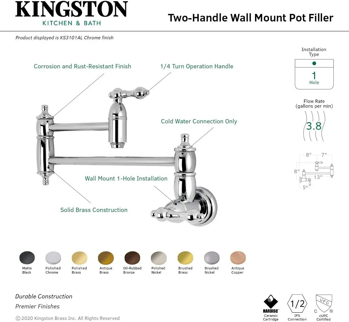 Kingston Brass KS3101AL Pot Filler, Metal Lever Handle, Polished Chrome,8-1/8-Inch Spout Height