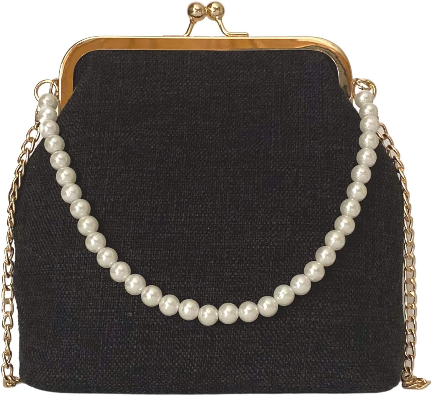 Kiss Lock Crossbody Bag for Women Pearl Strap Purse Evening Clutch with Gold Chain Canvas Shoulder Bags (Black)