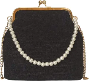 Kiss Lock Crossbody Bag for Women Pearl Strap Purse Evening Clutch with Gold Chain Canvas Shoulder Bags (Black)