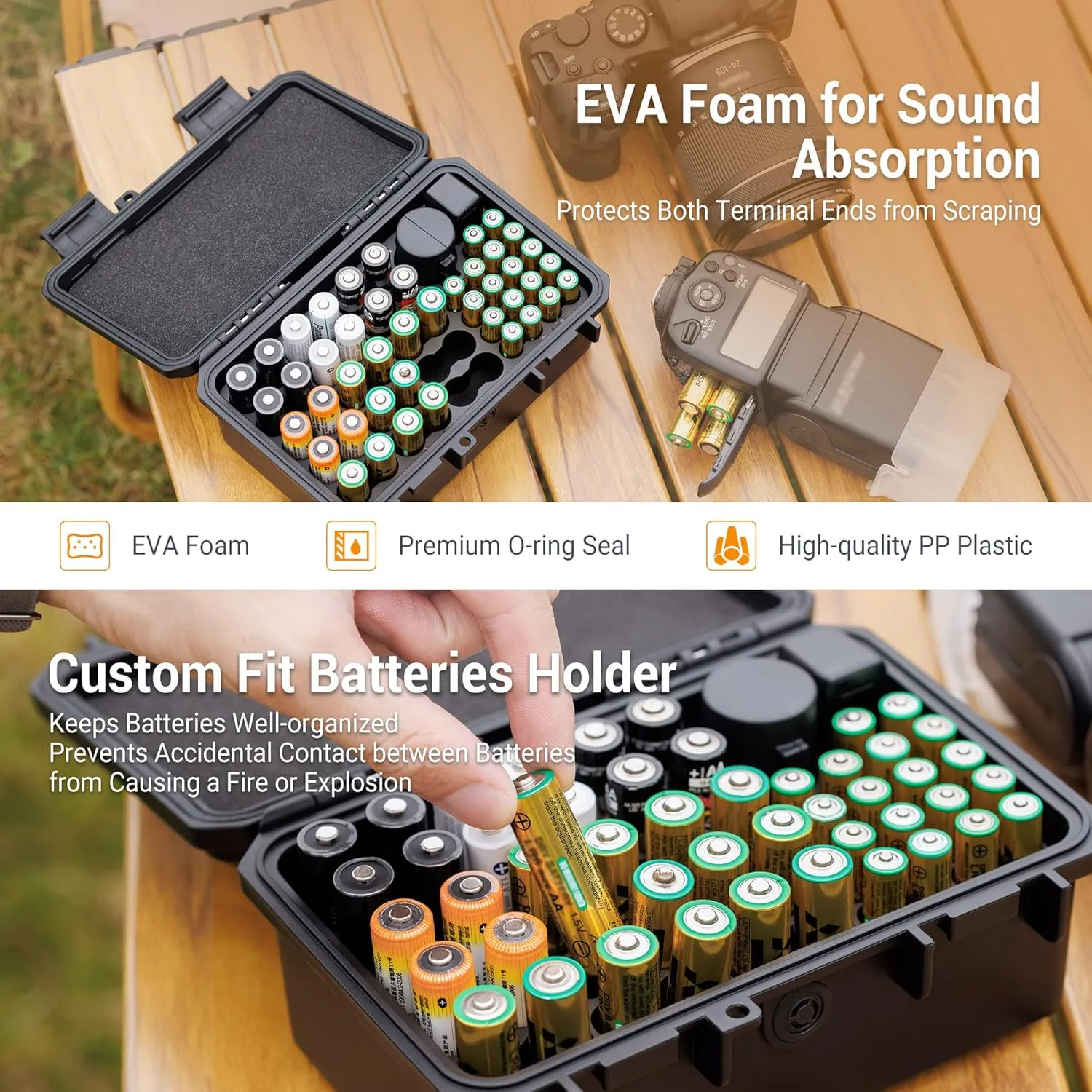 KIWIFOTOS 58 Slots AA AAA CR2032 Battery Case Holder with Tester, IP67 Waterproof Outdoor Batteries Storage Organizer Container with 3V CR2032 Button Battery Holder