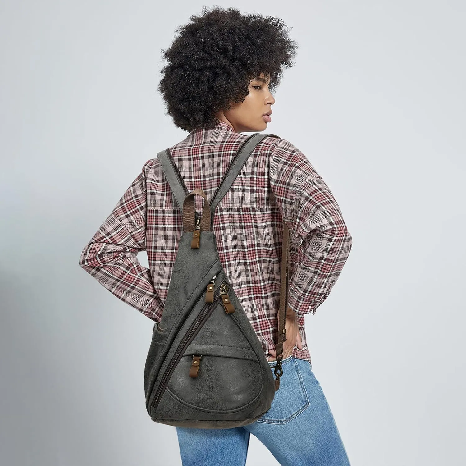 KL928 PU Leather Sling Bag - Small Crossbody Backpack Shoulder Casual Daypack Rucksack for Men Women