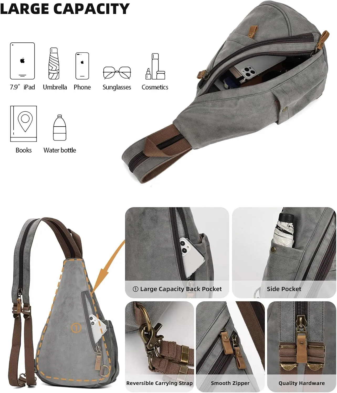 KL928 PU Leather Sling Bag - Small Crossbody Backpack Shoulder Casual Daypack Rucksack for Men Women