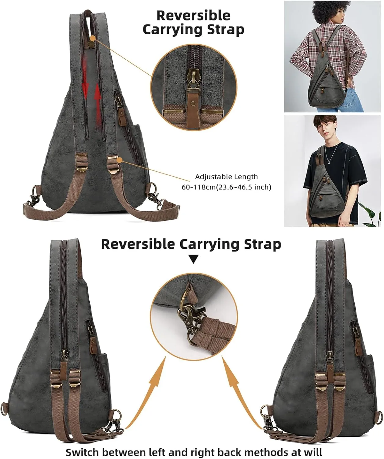 KL928 PU Leather Sling Bag - Small Crossbody Backpack Shoulder Casual Daypack Rucksack for Men Women