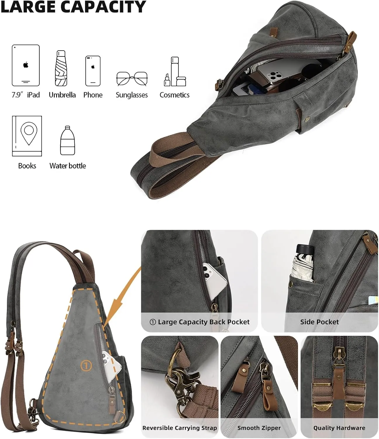 KL928 PU Leather Sling Bag - Small Crossbody Backpack Shoulder Casual Daypack Rucksack for Men Women