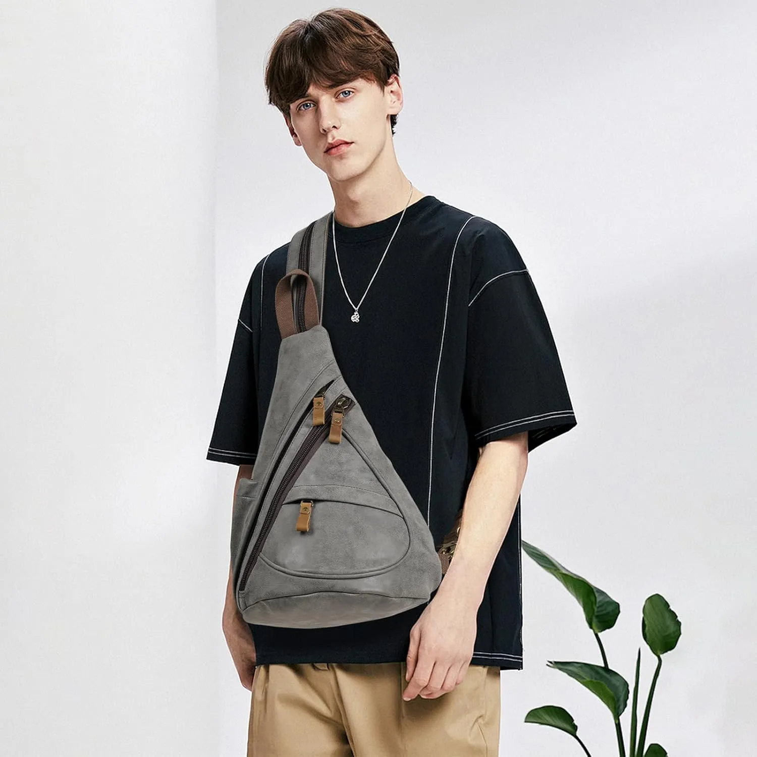 KL928 PU Leather Sling Bag - Small Crossbody Backpack Shoulder Casual Daypack Rucksack for Men Women
