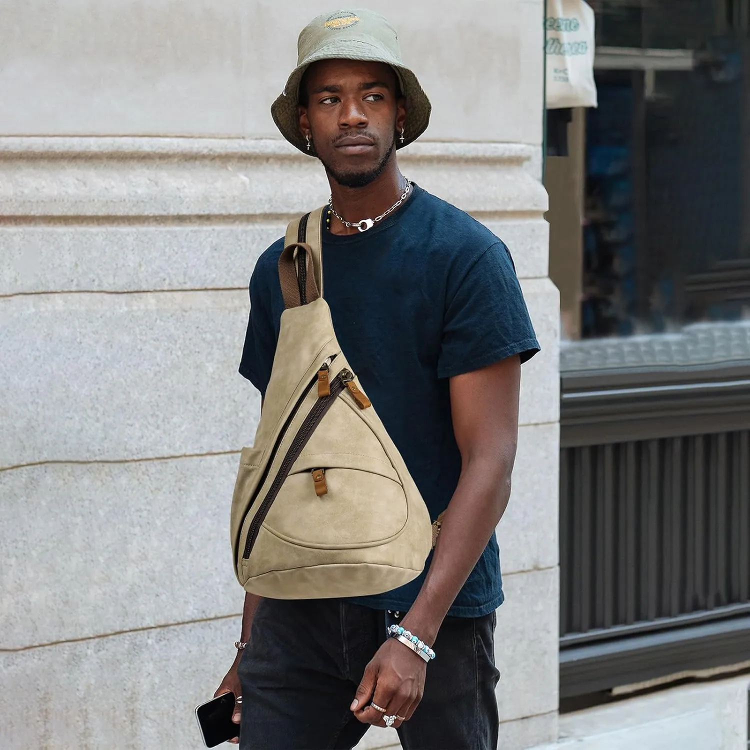 KL928 PU Leather Sling Bag - Small Crossbody Backpack Shoulder Casual Daypack Rucksack for Men Women