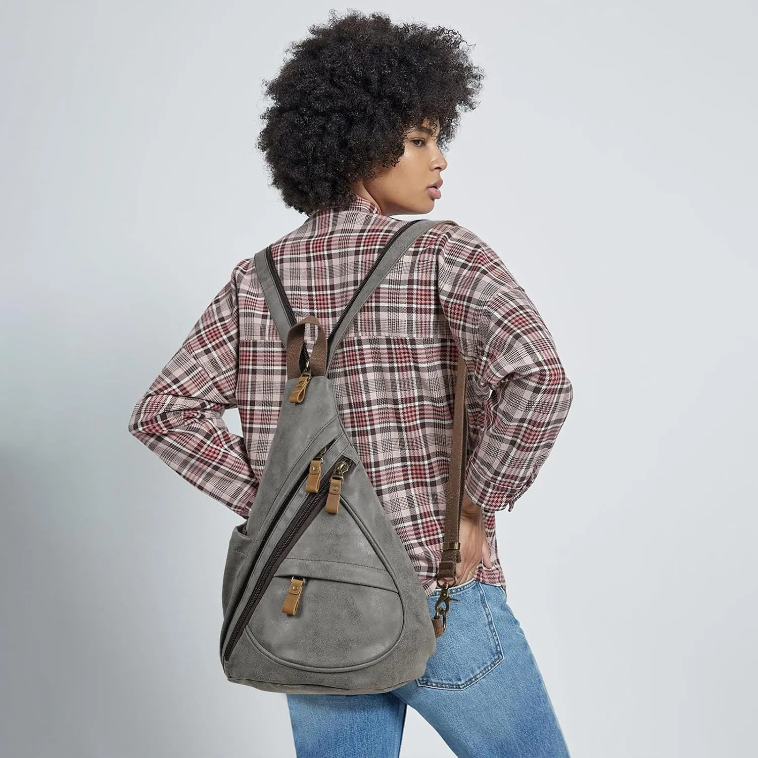KL928 PU Leather Sling Bag - Small Crossbody Backpack Shoulder Casual Daypack Rucksack for Men Women