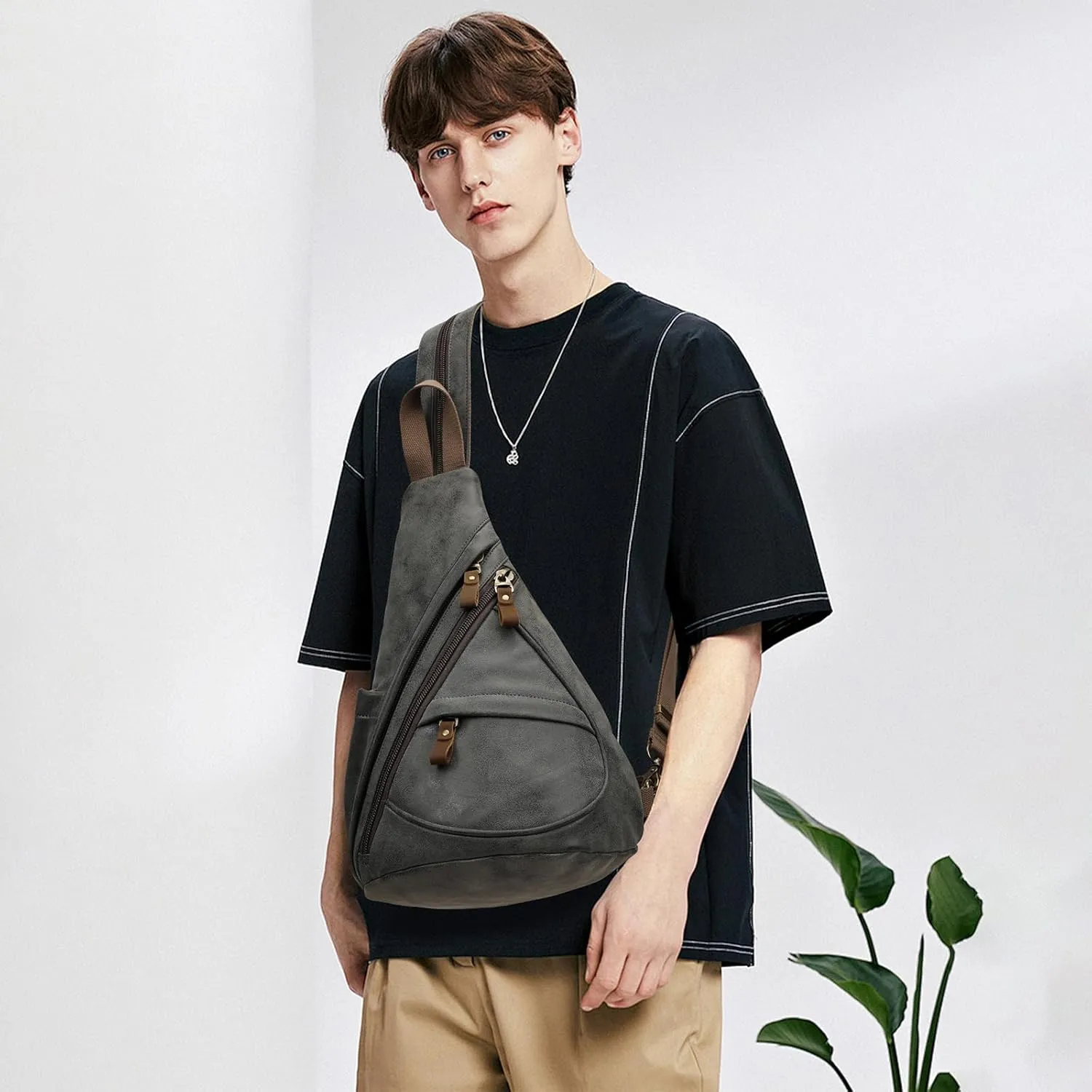 KL928 PU Leather Sling Bag - Small Crossbody Backpack Shoulder Casual Daypack Rucksack for Men Women