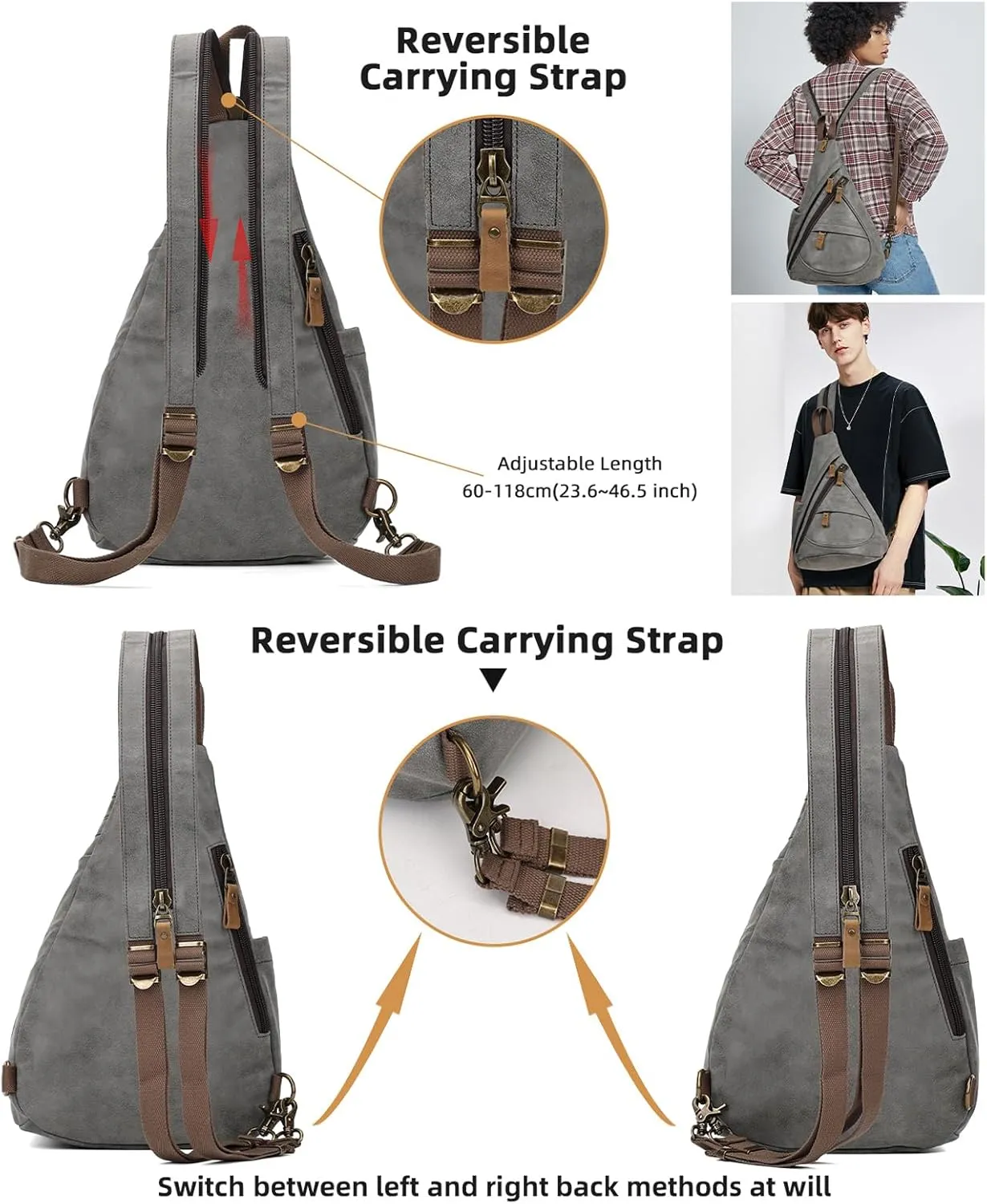 KL928 PU Leather Sling Bag - Small Crossbody Backpack Shoulder Casual Daypack Rucksack for Men Women
