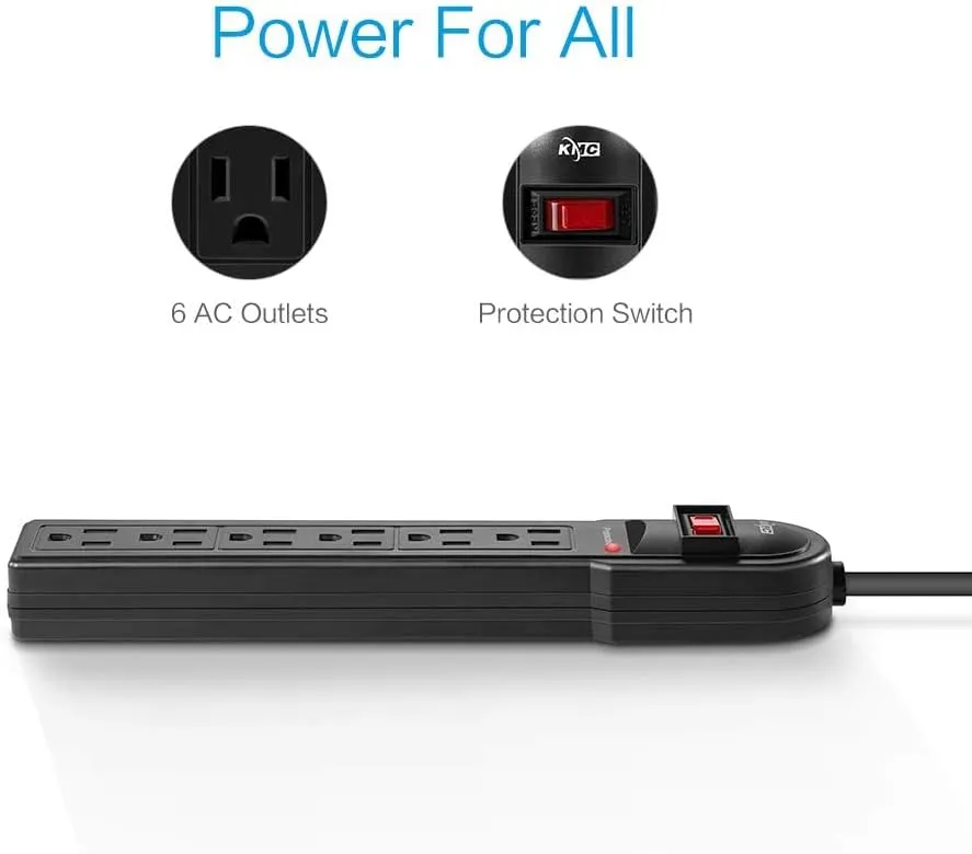 KMC 6-Outlet Surge Protector Power Strip 2-Pack, 900 Joules, 4-Foot Extension Cord, Overload Protection, Black