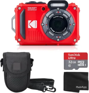 Kodak PIXPRO WPZ2 Rugged Waterproof Shockproof Digital Camera 16MP 4X Optical Zoom 1080P Full HD Video, 2.7" LCD (Red) Bundle with Camera Case, SanDisk 32GB microSDHC Card (4 Items)